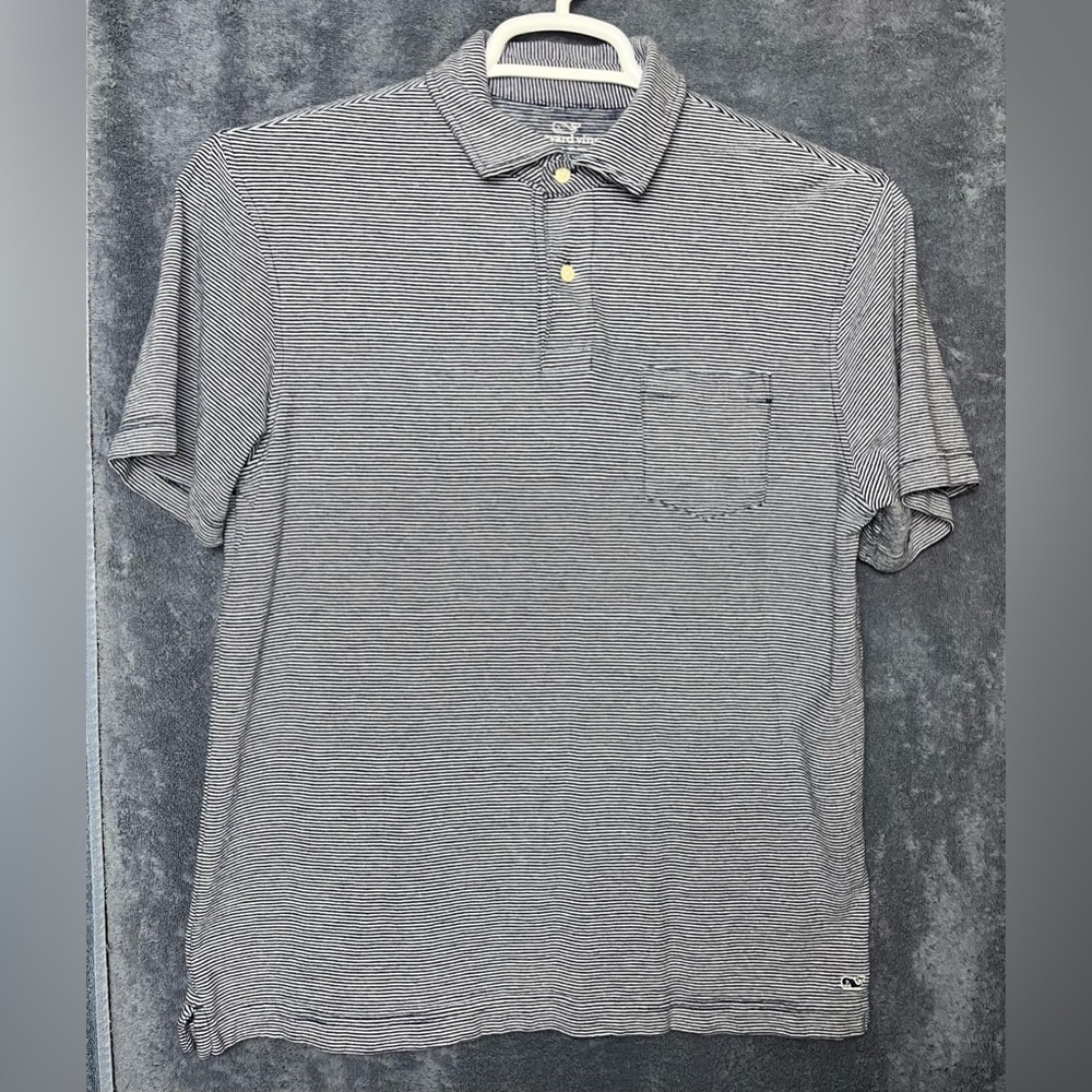 Vineyard Vines Polo Shirt Men S Blue Striped  100% Cotton Pocket  Logo on Hem